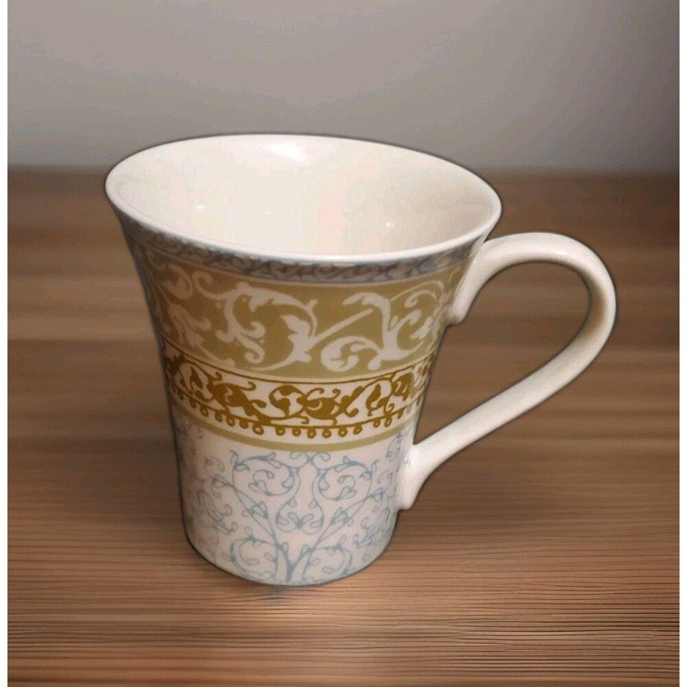 222 Fifth Mug Palais Lake Scroll Design Blue White Gold Coffee Cup Indonesia Vtg